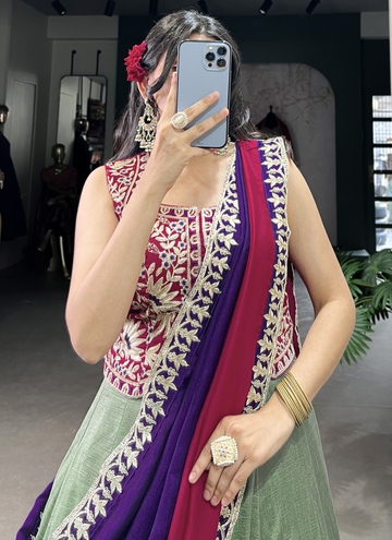 Delightful Thread Embroidered Pista Green Vichitra Silk Lehenga Choli